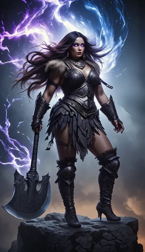 A powerful curvy and muscular barbarian woman standing on a cliff, wearing fur-trimmed leather armor with metal accents. Her long wild hair flows in the wind, and her eyes glow with a fierce magical light. A vibrant magical aura surrounds her body in swirl...