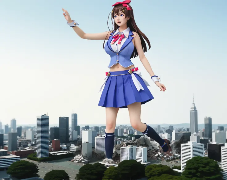 And sky , one girl on break day, score_9, score_8_up, score_7_up, My hair, has a scoundrel expression「 And sky 」, 茶色いMy hair,, long My hair , star-shaped My hair accessory , My hair bow , blue eyes , blue vest , sleeveless shirt , red ribbon , belly bu...