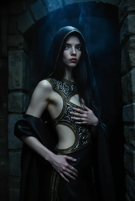 close up portrait, mysterious seductive girl in dark room with blue light, she is dressed in open black silk dress with a hood, the dress has a deep neckline and cutouts along the sides, the dress has silver swirling branching patterns around the shoulders...