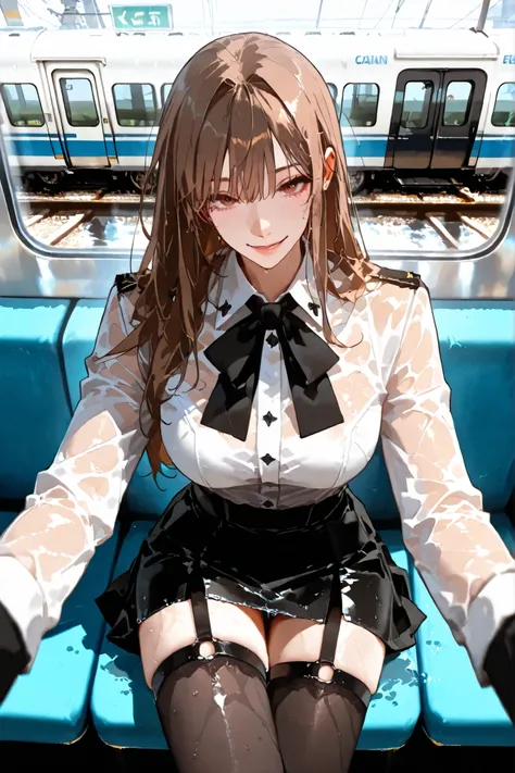 (SuperQuality:1.0) ~ (SuperQuality:1.2), detailxl, 1girl, High Resolution, Best Quality, High Details, Super Detailed, public train, YooSangah, brown eyes, brown hair, long hair, Large breasts, Whiye Shirt, Black skirt, stockings, thigh strap, sitting, POV...