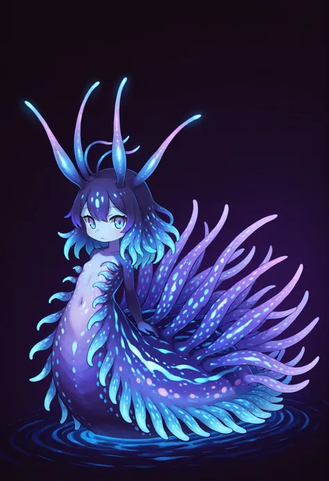 Sea slug girl. Antenna. Black and purple image colors. Female kemono style. Deformed character. Tiny limbs. finned tail. Glowing tentacles. Bioluminescence. Glowing spines. In the fog.