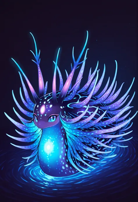 Sea slug girl. Antenna. Black and purple image colors. Female kemono style. Deformed character. Tiny limbs. finned tail. Glowing tentacles. Bioluminescence. Glowing spines. In the fog.