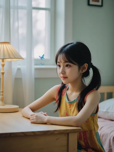 A young Japanese girl wearing a colorful dress crouches behind a wooden desk in a bedroom, engaged in conversation with three small fairies floating at eye level. The fairies, each no taller than 6 inches, have translucent wings and glow with a soft blue l...