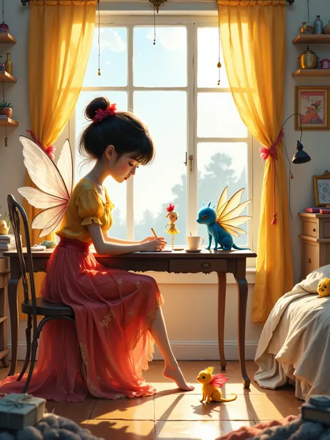 A cute Japanese girl。crouching behind her desk in her room、is having fun chatting with 3 little fairies。