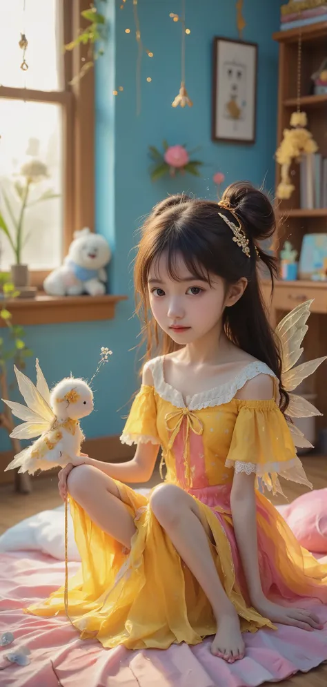 Japanese cute 。crouching behind her desk in her room、Chatting happily with the little fairy。