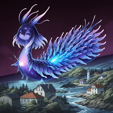 Sea slug girl. Antenna. Black and purple image colors. Female kemono style. Deformed character. A glowing core in the chest. monstrous arms. tiny legs. finned tail. Glowing tentacles. Bioluminescence. Glowing spines. In the fog.
