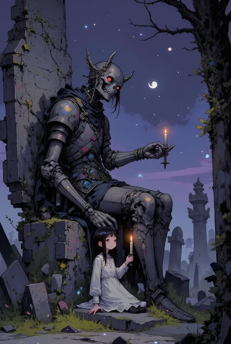 cinematic wide shot, a quiet night graveyard under a starry sky, a young girl with long black hair and a simple white dress sits beside a large ancient skeleton slumped against a moss-covered gravestone, the skeleton wears a broken rusted knight’s armor an...