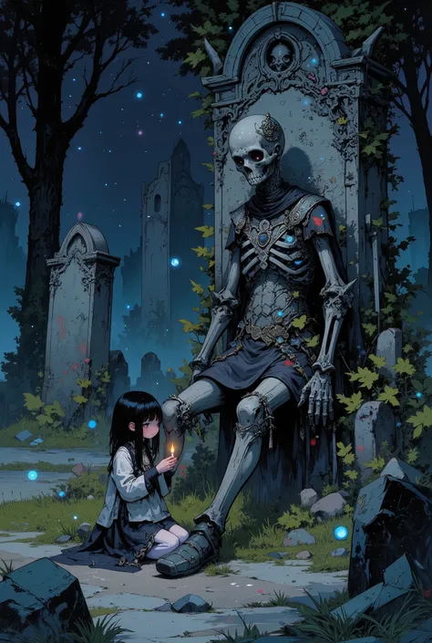 cinematic wide shot, a quiet night graveyard under a starry sky, a young girl with long black hair and a simple white dress sits beside a large ancient skeleton slumped against a moss-covered gravestone, the skeleton wears a broken rusted knight’s armor an...