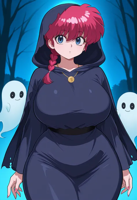 safe_pos, Ranma Saotome. red hair. pigtail. blue eyes. braid. huge breasts. huge hips. necklace. black eyeliner. pink manicure. | g0s1, ultra high res, beautiful, visually stunning, elegant, ghost, hood, torn cloak, woods, night,

