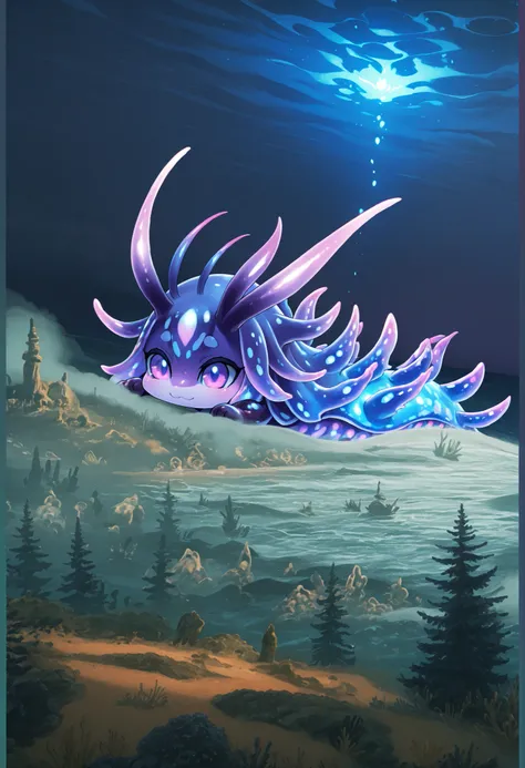 Sea slug girl. Antenna. Black and purple image colors. Female kemono style. Deformed character. A glowing core in the chest. monstrous arms. tiny legs. finned tail. Glowing tentacles. Bioluminescence. Glowing spines. In the fog.