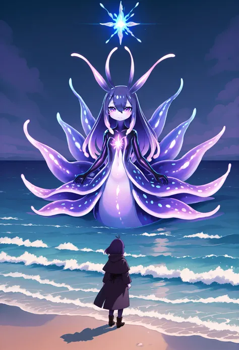 Sea slug girl. Antenna. Black and purple image colors. Female kemono style. Deformed character. A glowing core in the chest. monstrous arms. tiny legs. finned tail. Glowing tentacles. Bioluminescence. Glowing spines. In the fog.