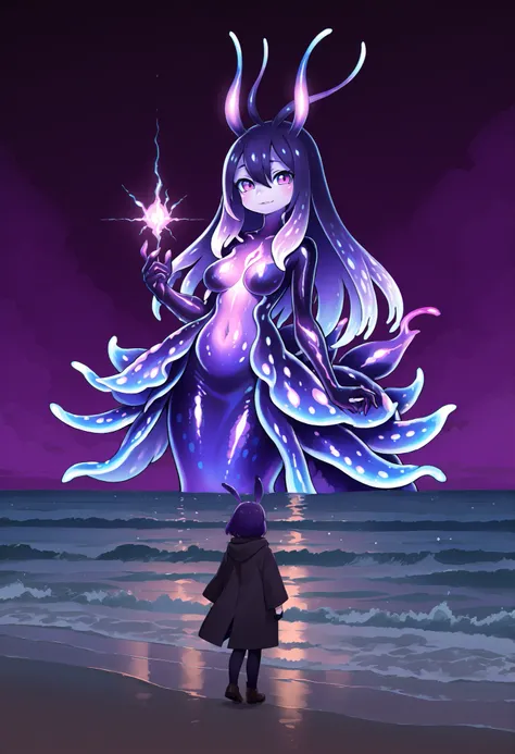 Sea slug girl. Antenna. Black and purple image colors. Female kemono style. Deformed character. A glowing core in the chest. monstrous arms. tiny legs. finned tail. Glowing tentacles. Bioluminescence. Glowing spines. In the fog.