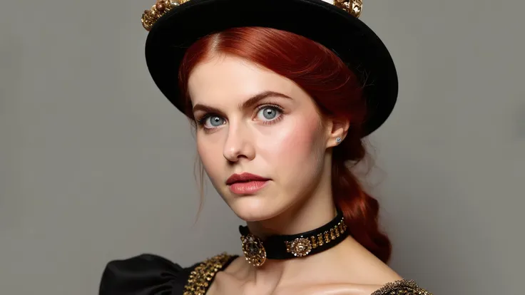 Create a photorealistic portrait of a stunningly beautiful red haired woman posing in a professional photo studio. She should be dressed in an intricately detailed steampunk outfit that highlights her beauty. The background should be plain to emphasize her...