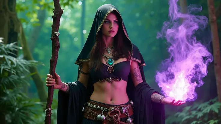 Image from waist up, Natures tree Mage carries a long, wooden, jewel encrusted staff. Realistic bright green iris eyes, light tanned skin, physically fit, voluptuous female, dark hood with gold and silver trim, witch Mage, Henna tattoos. Wearing a waist be...