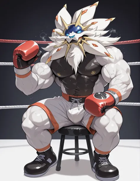 Solgaleo, anthro male, high quality, full body, looking at viewer, solo, boxing ring background, red boxing gloves, thick very veiny arms, rugged muscles with protruding veins, white boxing shorts, black boxing shoes, heavyweight boxing champion, glistenin...