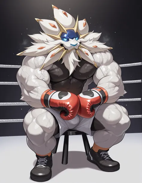 Solgaleo, anthro male, high quality, full body, looking at viewer, solo, boxing ring background, red boxing gloves, thick very veiny arms, rugged muscles with protruding veins, white boxing shorts, black boxing shoes, heavyweight boxing champion, glistenin...