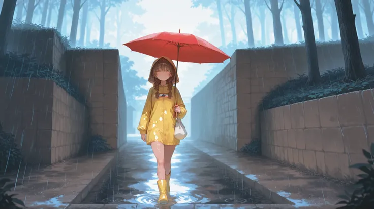 Madotsuki (yume nikki) a girl with twin braids in a whimsical digital illustration shoot from a front camera angle about a scene depicting a  in a yellow raincoat and yellow rain boots walking towards a shadowy figure holding a red umbrella in the rain. th...