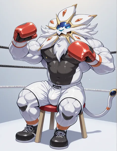 Solgaleo, anthro male, high quality, full body, looking at viewer, solo, boxing ring background, red boxing gloves, thick very veiny arms, rugged muscles with protruding veins, white boxing shorts, black boxing shoes, heavyweight boxing champion, glistenin...