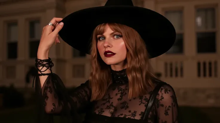A waist-up portrait of Taylor Swift as a witch posing inside a gothic mansion. Taylor is dressed in a dark-colored gothic witch outfit that incorporates some bits of leather and lace. Taylor has lovely makeup on her face. Taylor wears red lipstick. Nightti...