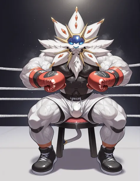 Solgaleo, anthro male, high quality, full body, looking at viewer, solo, boxing ring background, red boxing gloves, thick very veiny arms, rugged muscles with protruding veins, white boxing shorts, black boxing shoes, heavyweight boxing champion, glistenin...