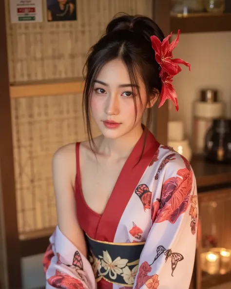 A high-resolution artistic portrait of a beautiful Asian woman in a modern-style kimono with bold floral and butterfly patterns. The kimono is luxuriously draped off one shoulder, revealing an elegant inner garment like a soft corset. Her posture is confid...