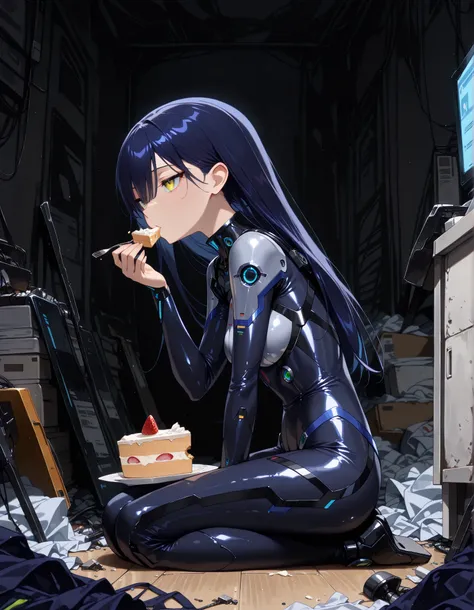 dark room,broken noisy monitor,messy room,1girl, from side,sitting on floor,seiza,nyaan,slender,long hair, hair between eyes, bangs, blunt bangs, deep blue hair,expressionless face,dark blue mechanical bodysuit,eating a cake,((masterpiece, best quality, ex...
