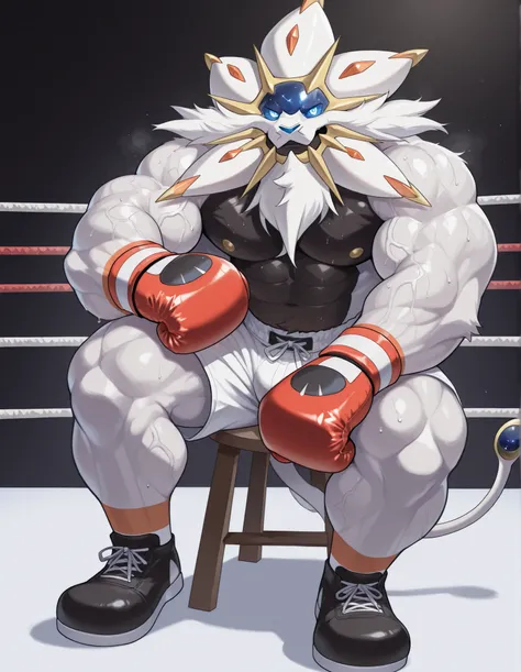 Solgaleo, anthro male, high quality, full body, looking at viewer, solo, boxing ring background, red boxing gloves, thick very veiny arms, rugged muscles with protruding veins, white boxing shorts, black boxing shoes, heavyweight boxing champion, glistenin...