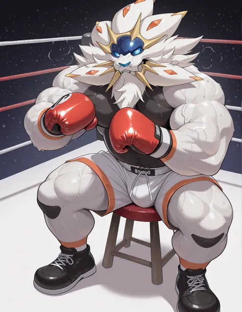 Solgaleo, anthro male, high quality, full body, looking at viewer, solo, boxing ring background, red boxing gloves, thick very veiny arms, rugged muscles with protruding veins, white boxing shorts, black boxing shoes, heavyweight boxing champion, glistenin...