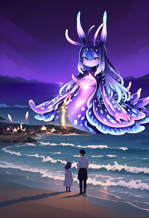 Sea slug girl. Antenna. Black and purple image colors. Female kemono style. Deformed character. A glowing core in the chest. monstrous arms. tiny legs. finned tail. Glowing tentacles. Bioluminescence. Glowing spines. In the fog.