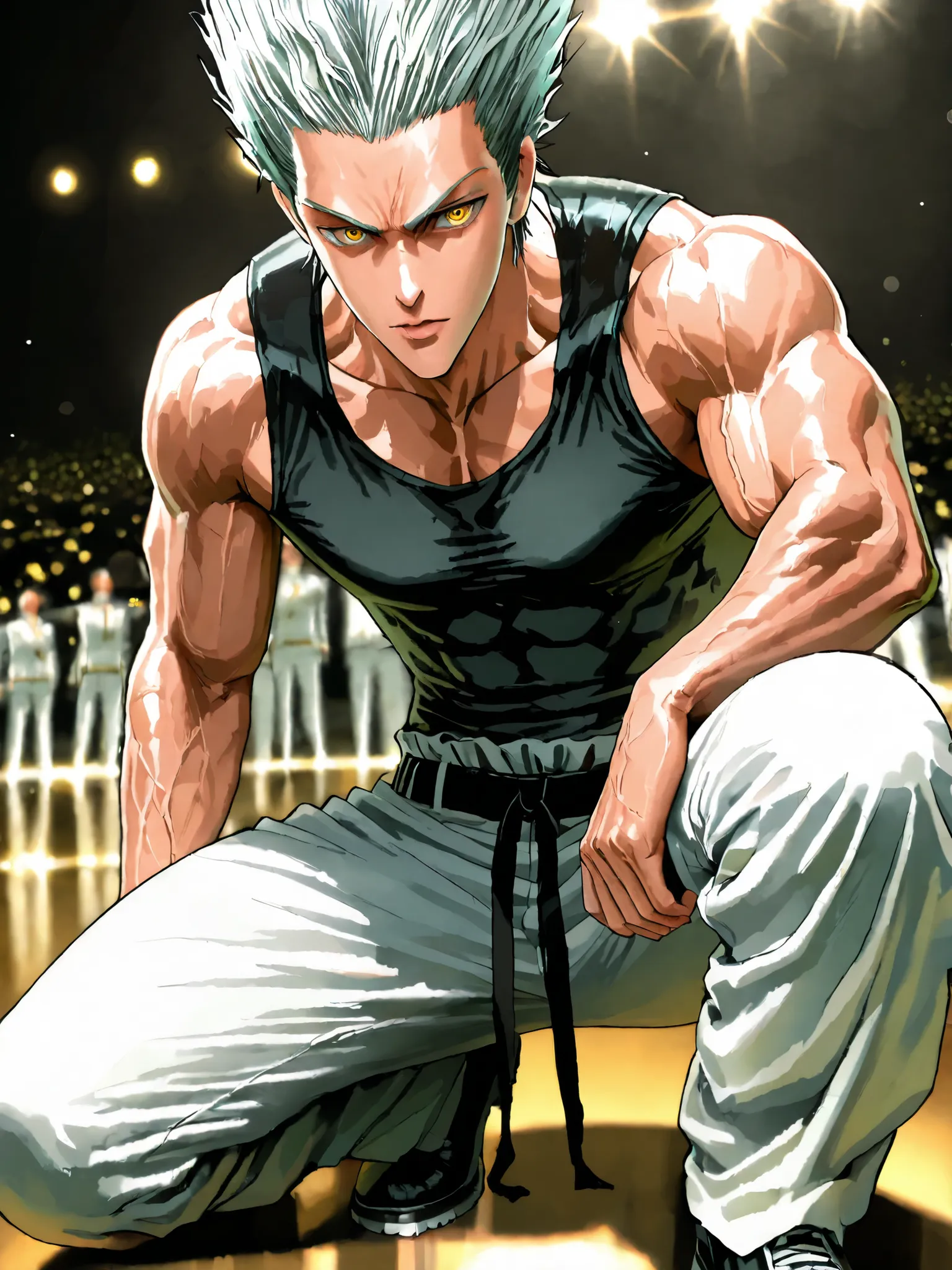 Garou, One Punch Man, yellow eyes, gray hair, 18 years old, guy, 177cm, Black Chewy Neck Polar Revealing the Body, White uniform pants, Uniform Straps, Full Body High Definition,Masterpiece,Extremely detailed,Realistic,photorealistic,HDR,UHD,Studio Lightin...