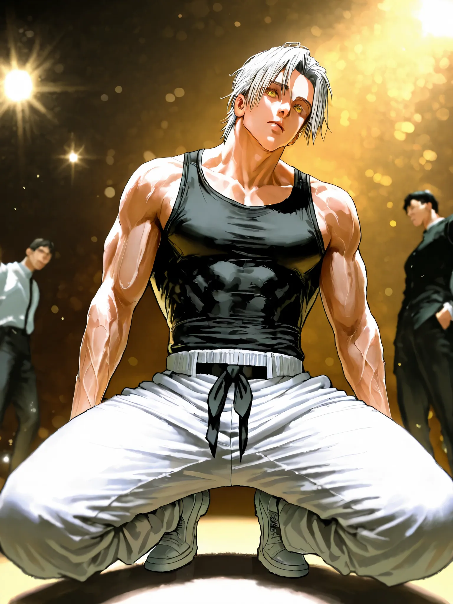 Garou, One Punch Man, yellow eyes, gray hair, 18 years old, guy, 177cm, Black Chewy Neck Polar Revealing the Body, White uniform pants, Uniform Straps, Full Body High Definition,Masterpiece,Extremely detailed,Realistic,photorealistic,HDR,UHD,Studio Lightin...