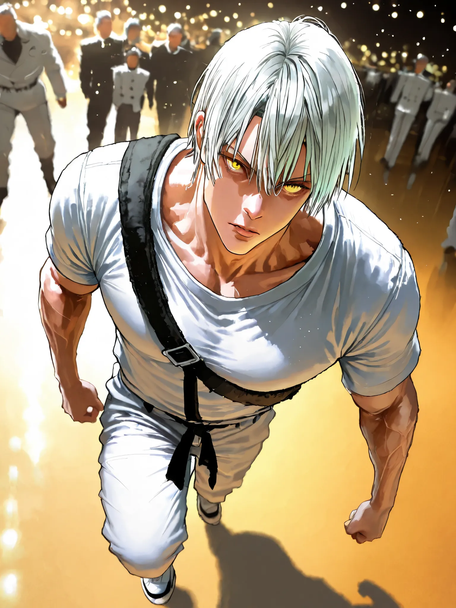 Garou, One Punch Man, yellow eyes, gray hair, 18 years old, guy, 177cm, Black Chewy Neck Polar Revealing the Body, White uniform pants, Uniform Straps, Full Body High Definition,Masterpiece,Extremely detailed,Realistic,photorealistic,HDR,UHD,Studio Lightin...