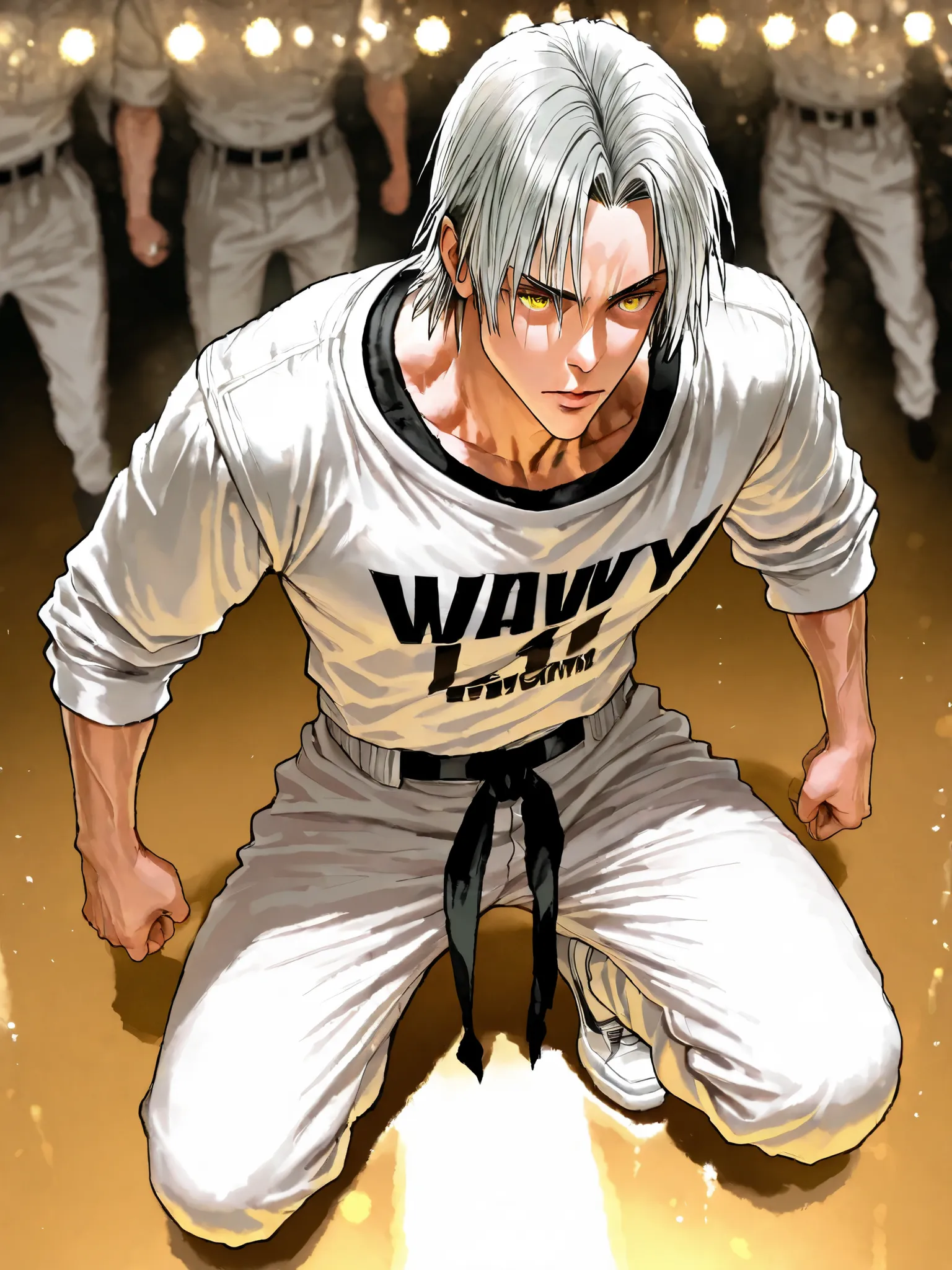 Garou, One Punch Man, yellow eyes, gray hair, 18 years old, guy, 177cm, Black Chewy Neck Polar Revealing the Body, White uniform pants, Uniform Straps, Full Body High Definition,Masterpiece,Extremely detailed,Realistic,photorealistic,HDR,UHD,Studio Lightin...