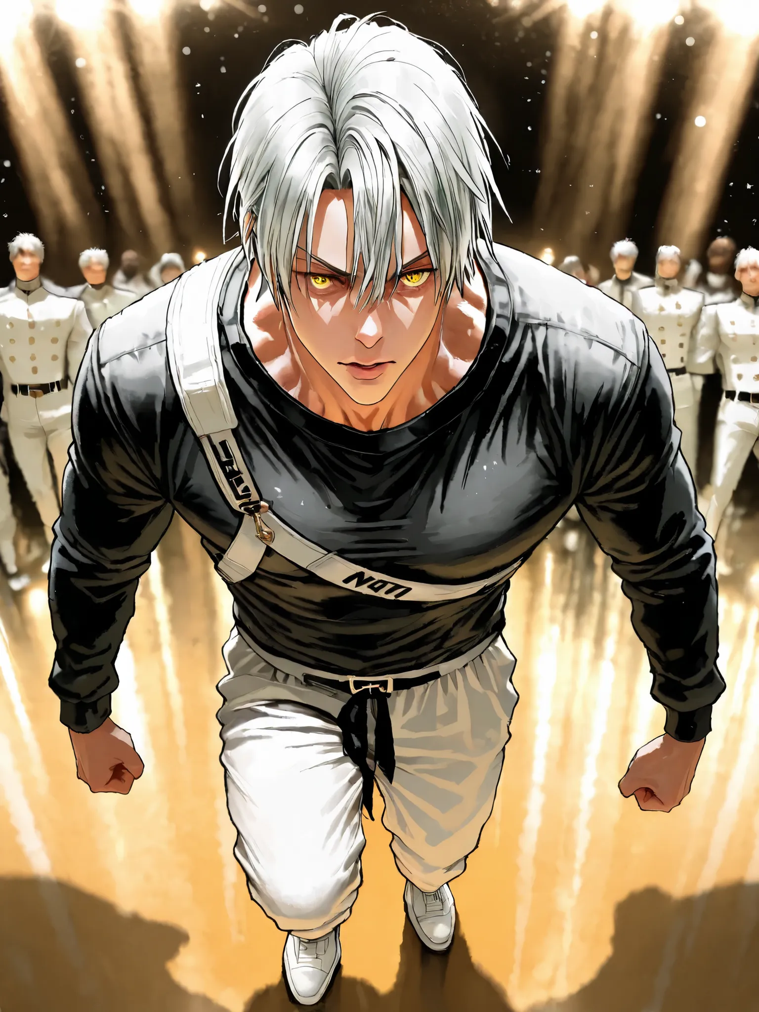 Garou, One Punch Man, yellow eyes, gray hair, 18 years old, guy, 177cm, Black Chewy Neck Polar Revealing the Body, White uniform pants, Uniform Straps, Full Body High Definition,Masterpiece,Extremely detailed,Realistic,photorealistic,HDR,UHD,Studio Lightin...