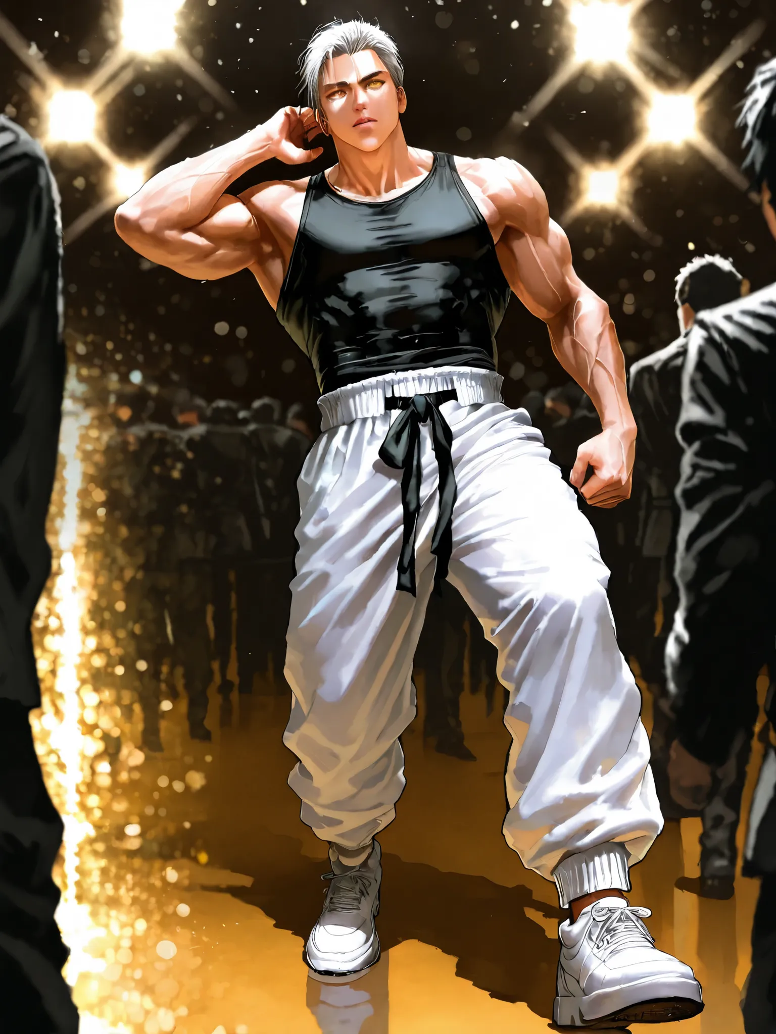 Garou, One Punch Man, yellow eyes, gray hair, 18 years old, guy, 177cm, Black Chewy Neck Polar Revealing the Body, White uniform pants, Uniform Straps, Full Body High Definition,Masterpiece,Extremely detailed,Realistic,photorealistic,HDR,UHD,Studio Lightin...