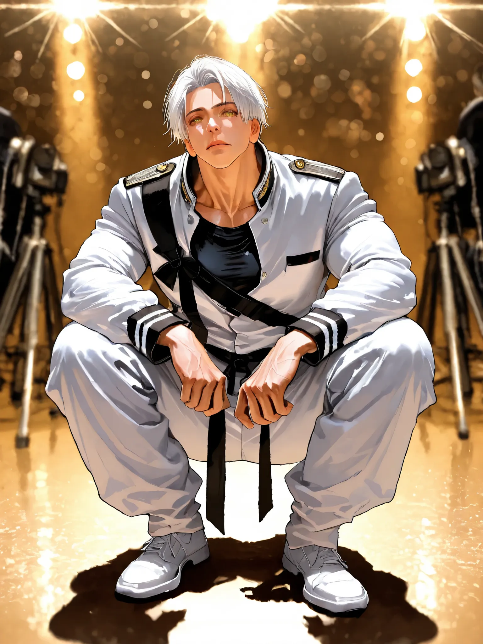 Jujutsu spinning toe , 18 years old, guy, 177cm, Black Chewy Neck Polar Revealing the Body, White uniform pants, Uniform Straps, Full Body High Definition,Masterpiece,Extremely detailed,Realistic,photorealistic,HDR,UHD,Studio Lighting,Ultra Detailed Descri...