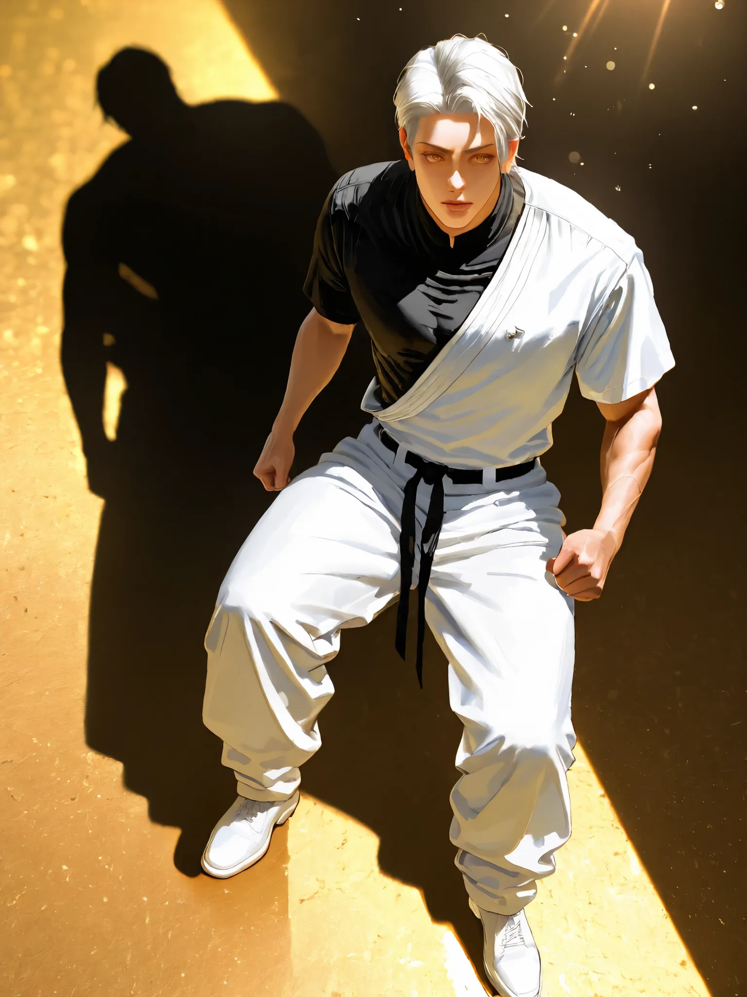 Jujutsu spinning toe , 18 years old, guy, 177cm, Black Chewy Neck Polar Revealing the Body, White uniform pants, Uniform Straps, Full Body High Definition,Masterpiece,Extremely detailed,Realistic,photorealistic,HDR,UHD,Studio Lighting,Ultra Detailed Descri...