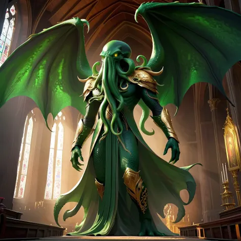Masterpiece, armor, practical, Emissary of Cthulhu, , In a high-level church, green skin, (Pata), The silhouette of enormous wings, detailed tentacles, The Eye of Fear，Gold and white clothing, Long scarf, flow,  light armor, full body, (from below), calls,...