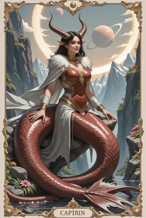 A powerful and elegant personification of the Capricorn zodiac sign (♑), depicted as a mystical woman seated atop a sharp, ancient rock formation. She is the embodiment of the Earth element — grounded, wise, and unshakable. Her long, graceful body transfor...