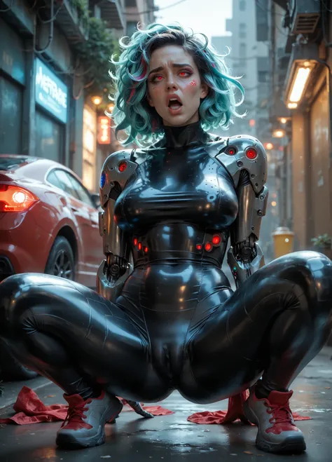 brave new woman, 1girl, solo, makeup, Quality_masterpiece, Anatomically correct, Beautiful face, Perfect orgasm face, Highly detailed beautiful face and eyes, Attractive face, open mouth, red eyes, long messy hair, mixture tone hair, sagging thick breasts,...
