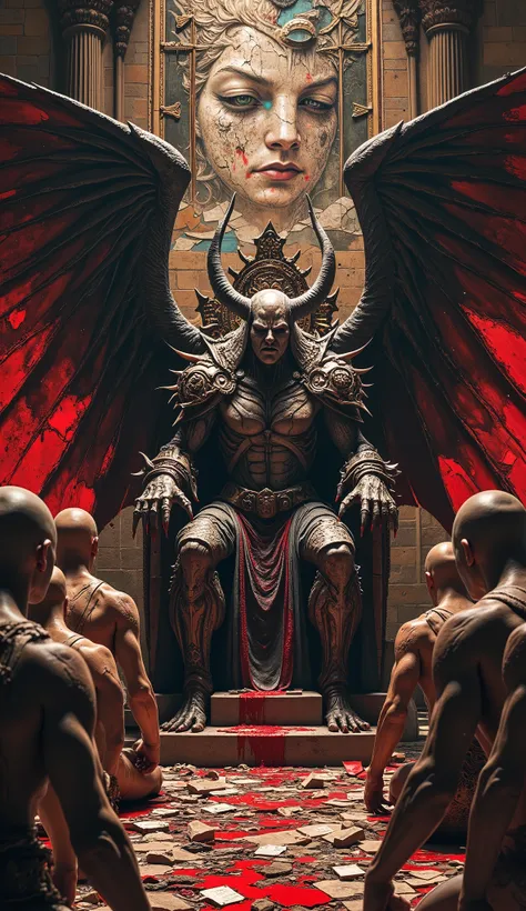A hyper-realistic, high detail cinematic scene set in a ruined cathedral of broken vows. A massive, demonic figure—majestic, ancient, and horned—sits on a throne of shattered wedding rings, blood-stained contracts, and torn photographs. His wings are made ...