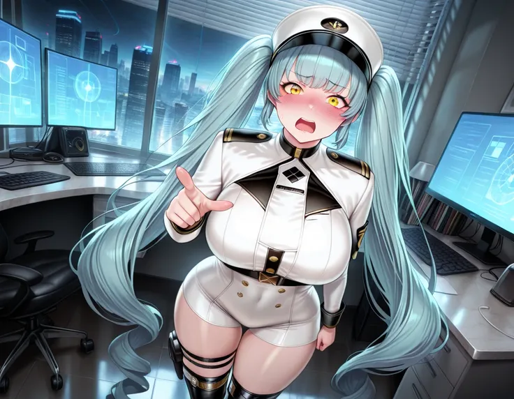 (masterpiece), ((best quality),  amazing quality, very aesthetic, absurdres, newest, scenery,  1girl, solo, privdf, yellow eyes, aqua hair, twin tails, very long hair, bangs, peaked cap, white hat, large breasts, military uniform, white jacket, white shorts, harness, thigh strap, black thigh boots, (looking at viewer), pointing at viewer, standing, open mouth, blush, nose blush, flustered, (detailed background), indoors, luxury theme, office, hologram screens, office desk, office chair, huge glass window, blinds, high rise buildings, skyscrapers, glass buildings,