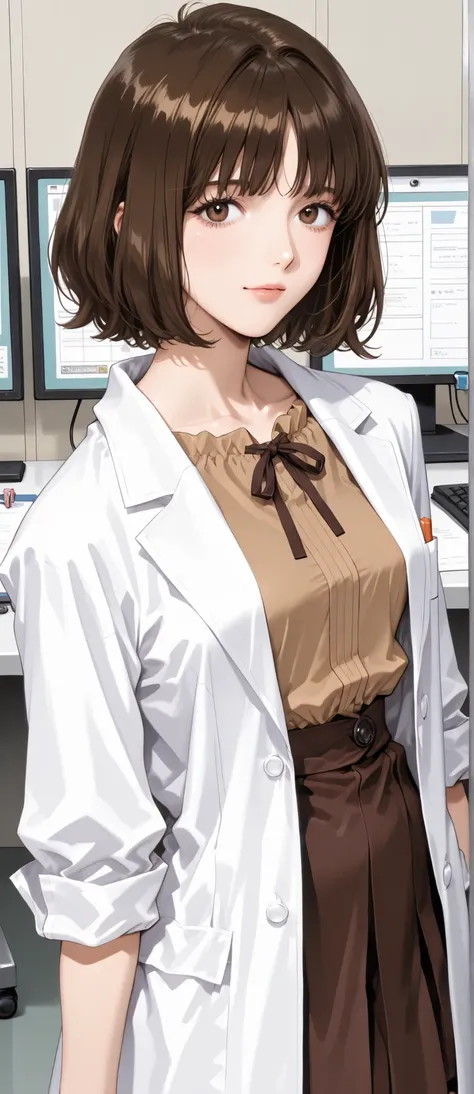 women in their 30s、small breasts、short wavy dark brown hair、cowboy shot、office,lab coat, brown tunic blouse 、dark brown flared skirt、