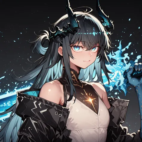 alone, 1 boy, young character, character with the height of Dusk from "Arknights", the character is male, young, black horns like Reed The Flame Shadow from "Arknights", black tail like Reed The Flame Shadow from "Arknights" with sky blue flame on the tip ...