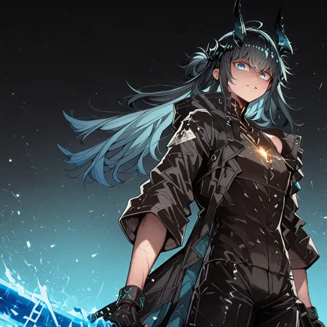 alone, 1 boy, young character, character with the height of Dusk from "Arknights", the character is male, young, black horns like Reed The Flame Shadow from "Arknights", black tail like Reed The Flame Shadow from "Arknights" with sky blue flame on the tip ...