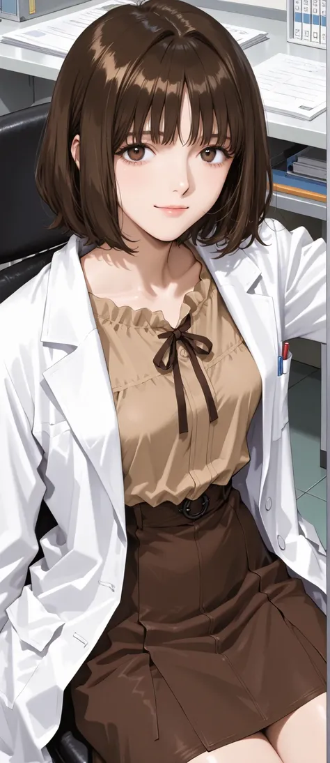 women in their 30s、small breasts、short wavy dark brown hair、cowboy shot、office,lab coat, brown tunic blouse 、dark brown flared skirt、chemical 、sitting