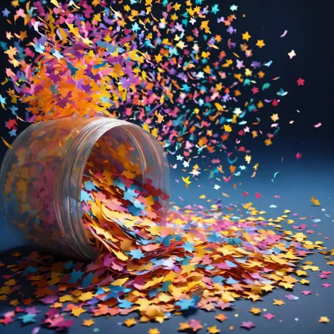 vibrant multicolored confetti, fluttering through the air, night sky backdrop, a dance of festivity and color, swirling paper fragments catching the light of the stars, a celebration under the celestial expanse, festive atmosphere, confetti like a rainbow ...