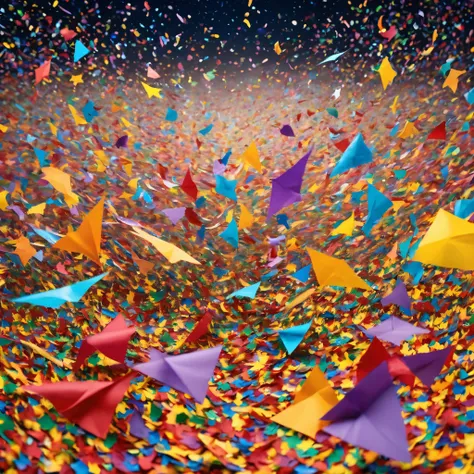 vibrant multicolored confetti, fluttering through the air, night sky backdrop, a dance of festivity and color, swirling paper fragments catching the light of the stars, a celebration under the celestial expanse, festive atmosphere, confetti like a rainbow ...