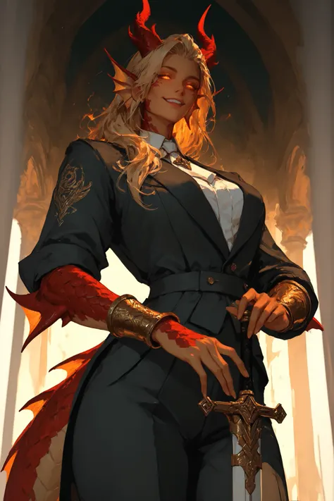 solo, female, dragon girl, red scales, gold scales, glowing eyes, amber eyes, very tall female, 6'5", muscular frame, surprising grace and agility, small fire breathing, strong, bracers, warrior, close up, smile, looking at viewer, ambassador, wealthy, lux...