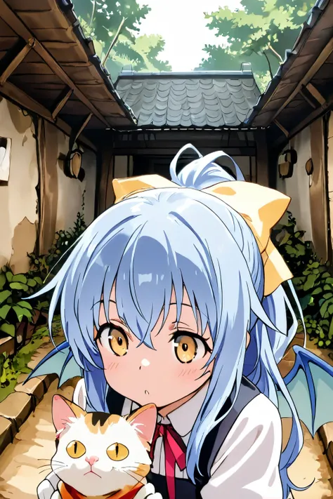score_9, score_8_up, score_7_up, ((Highest Quality)), ((masterpiece)), ((details)), ((is anatomically correct)), 1 girl playing with a cat, blue hair, long hair, ponytail, ribbon, BREAK Cat with dragon wings, plateau, 8k,